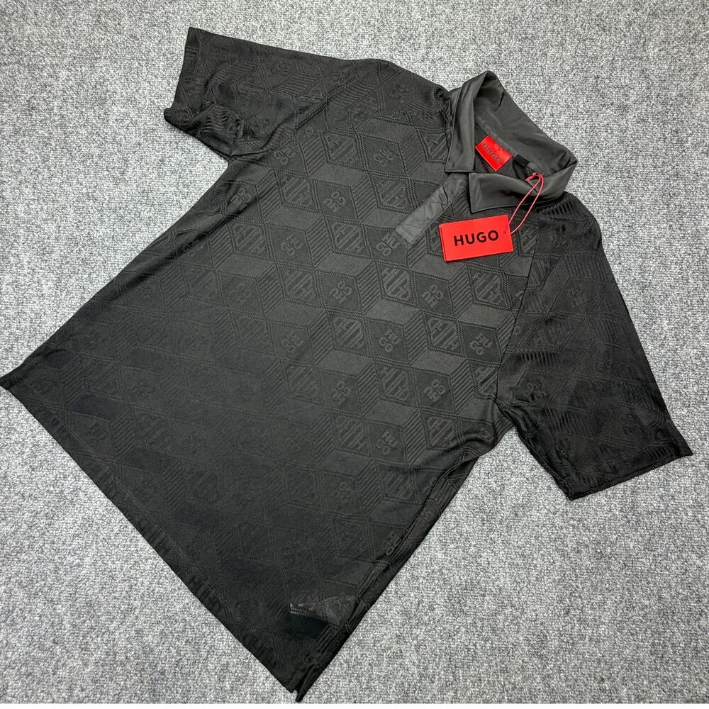 HUGO Boss Dompoli Mens L Black Logo Jacquard Polo Shirt New $128 MSRP